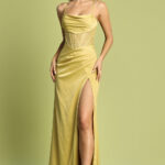 Applique Fitted Satin Corset Slit Gown LG4738