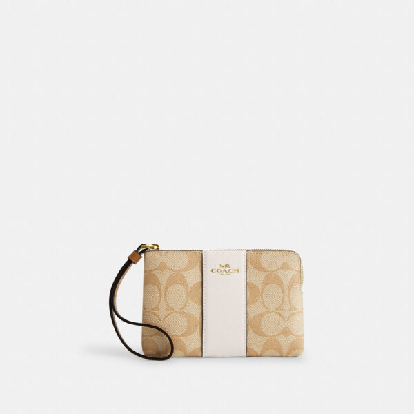 Corner Zip Wristlet In Signature Canvas Khaki Chalk 28501