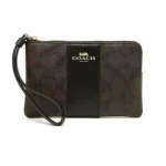 Coach Corner Zip Wristlet In Signature Canvas Brown Black-68748