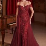 Applique Cold Shoulder Tulle Over Skirt Gown