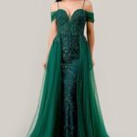 Applique Cold Shoulder Tulle Overskirt Gown