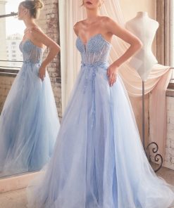 Applique Fitted Satin Corset Slit Gown