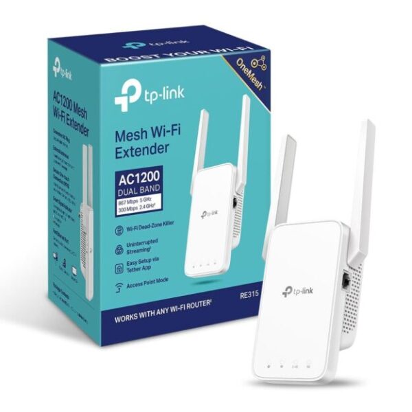 TP-Link AC1200 WiFi Extender, 2025 Wirecutter Best WiFi Extender, 1.2Gbps Home Signal Booster, Dual Band 5GHz/2.4GHz, Up to 1600 Sq.ft and 32 Devices, EasyMesh Compatible, One Ethernet Port (RE315)